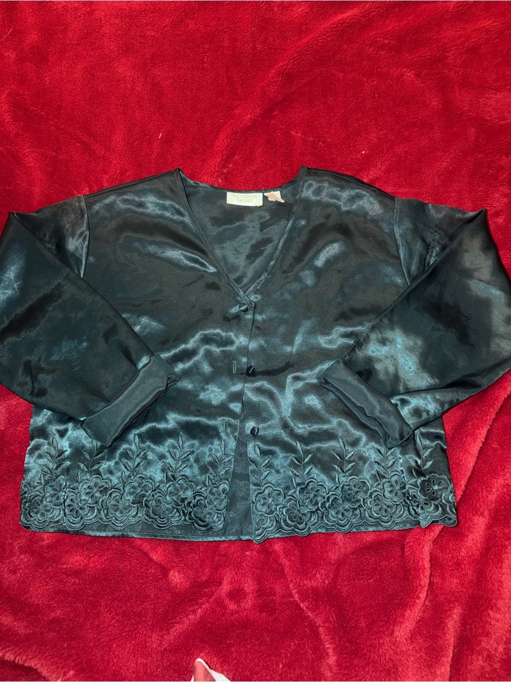 Victoria's Secret Black Satin Embroidered Hem Button-Front Top